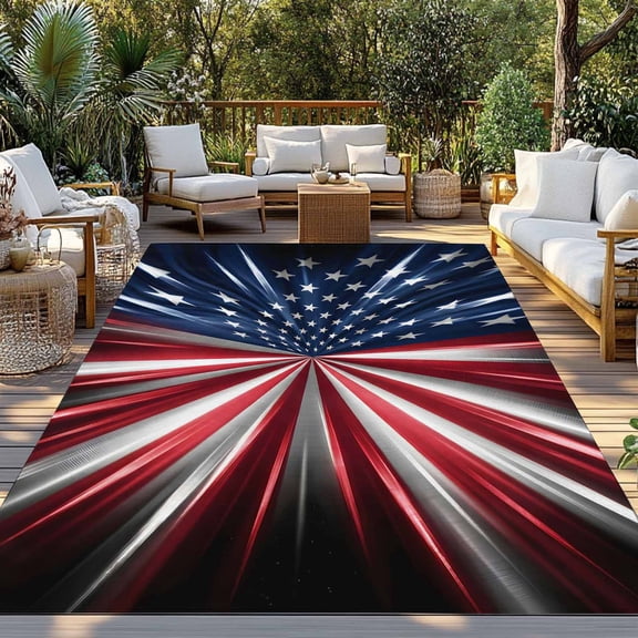 American 4th of July Indoor Outdoor Rugs 4x6 Ft, Red Blue White Flag Radial Texture Star Country Outdoor Patio Rugs Mat Washable Outside Area Rugs Carpet for Porch Deck RV Camping Pool Balcony