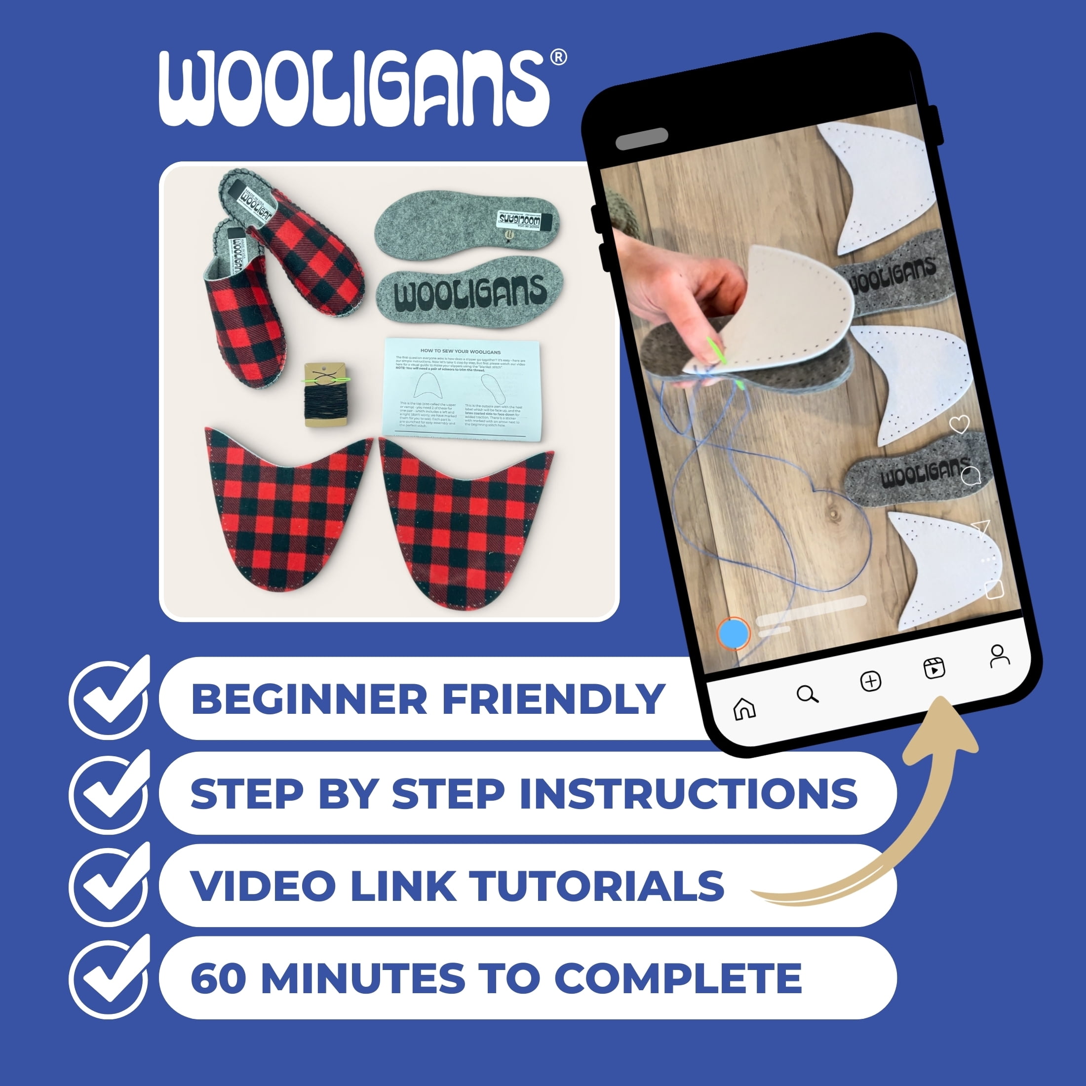 WOOLIGANS DIY Slipper Sewing Kit, Hand Stitch Felt Slipper Craft Kit, Beginner Needlecraft for Adults & Teens, Buffalo Check, Women’s US Size 5/6
