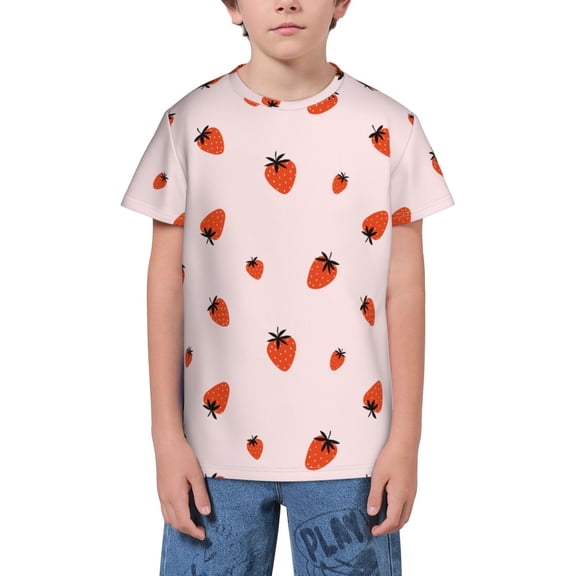 Fuzoiu Strawberry Print Youth Short Sleeve T-Shirt,Youth Dry-Fit Active Athletic T-Shirt,Short Sleeve Tops Tees for School, Sports, and Casual Wear