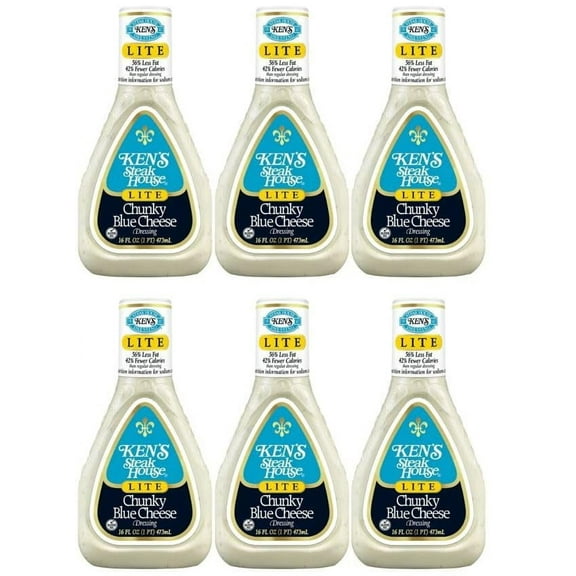 Ken's Steak House Lite Chunky Blue Cheese Dressing, 16 oz Bottle, Pack of 6