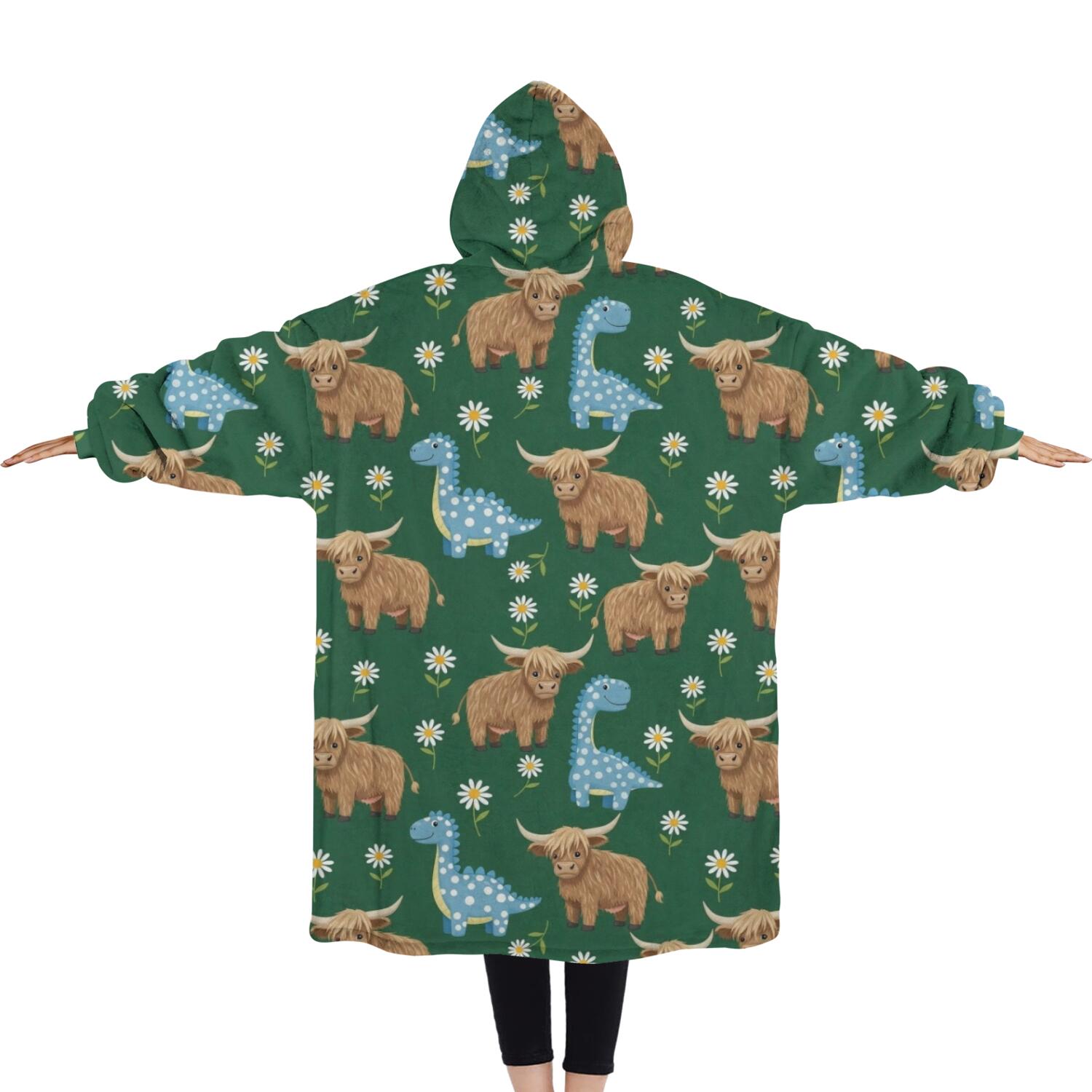 Oversized Wearable Blanket Hoodie,Green Highland Cow Dinosaur Pattern Sherpa Blanket Hoodie with Super Pockets,Super Warm Fuzzy Pullover for Women & Men