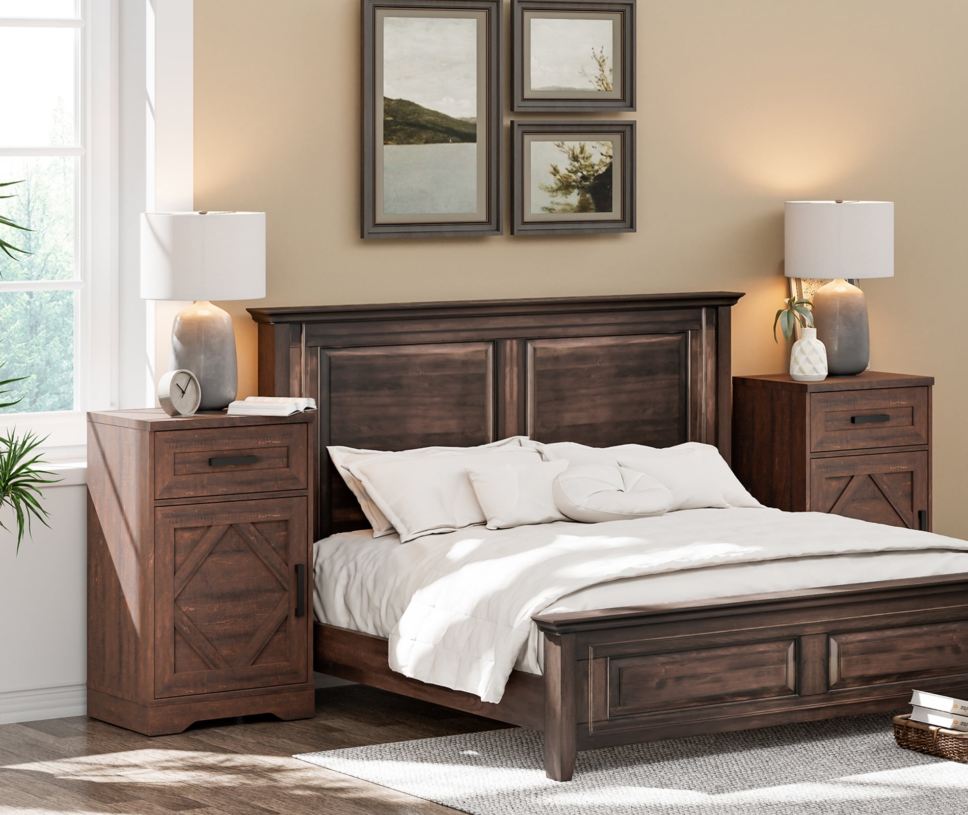 WAMPAT 31.9 inch Tall Farmhouse Nightstand with Drawers and Adjustable Storage Shelves, Solid Wood Side Table with Barn Doors for Bedroom,Rustic Brown