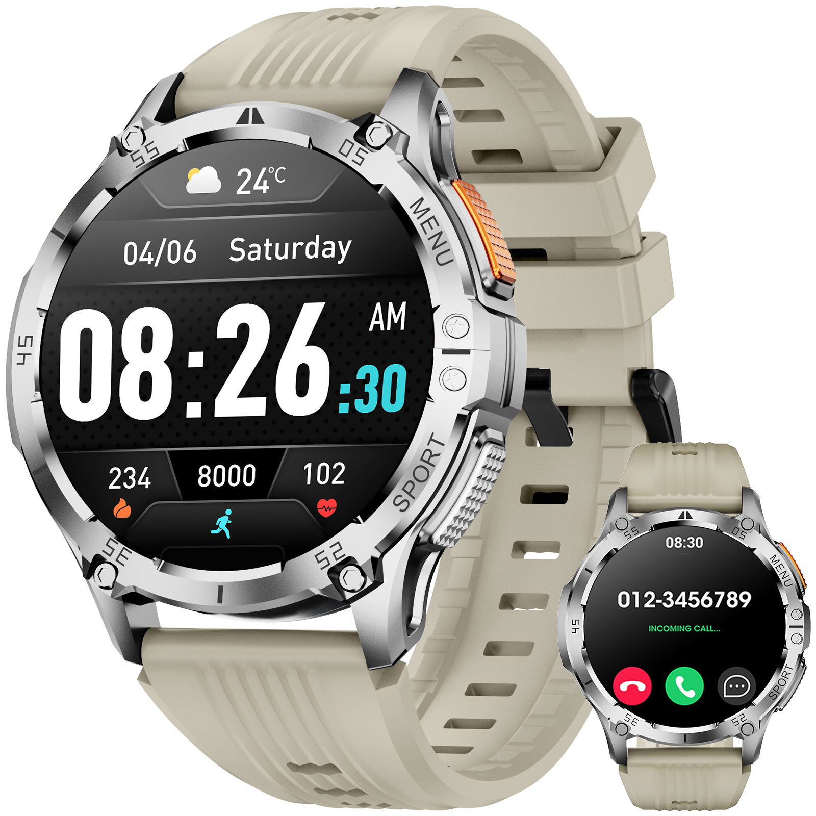 1.43-inch Men's and Women's Smartwatch with Fitness Tracking, Answer/Dial/100 Sport Modes, IP67 Water Resistant Sports Pedometer Fitness Watch fits for Android and iPhone Devices (silver)