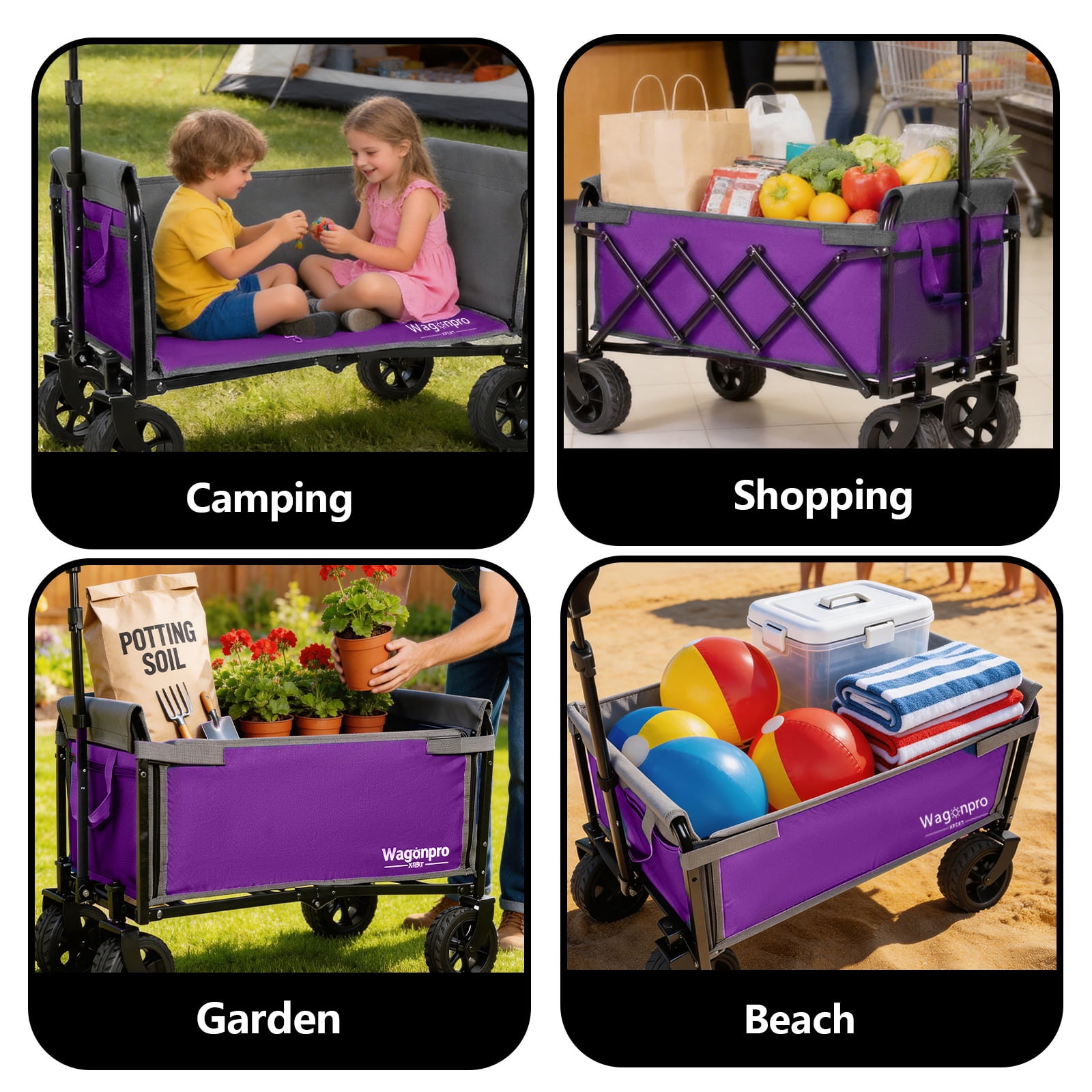 Upgraded 52Inch Wide Wheels AllinOne Convertible Folding Trolley FullSide Opening Dog Leash Versatile Seating Storage 220Lbs Capacity Camping Beach Shopping Purple