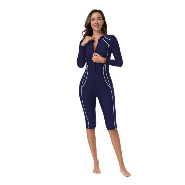 Doomiva Combinaison de Surf pour Femmes Maillot de Bain à Manches Longues Fermeture Éclair devant Bleu Marine TP