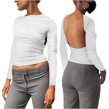 

SELONE Summer Tops for Women 2023 Dressy Tops for Women Long Sleeve Corset Crop Backless High Neck Tight Hollowed Out Top Half Solid Color Spice Girl Fashion Beach Classy Y2K Soft Basic White M