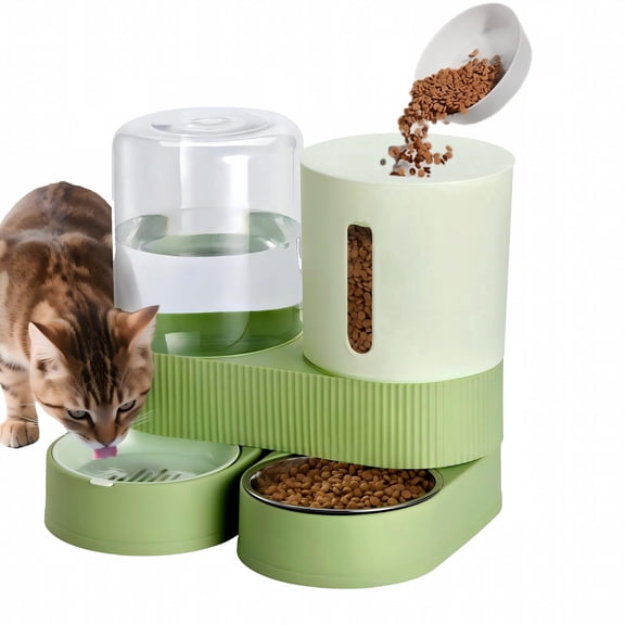 2 Pack Automatic Cat Feeder Stainless Steel Water Dispenser Gravity Food Feeder and Waterer Set with Pet Food Bowl for Small Medium Kitten Puppy Pets Large Capacity(Green)
