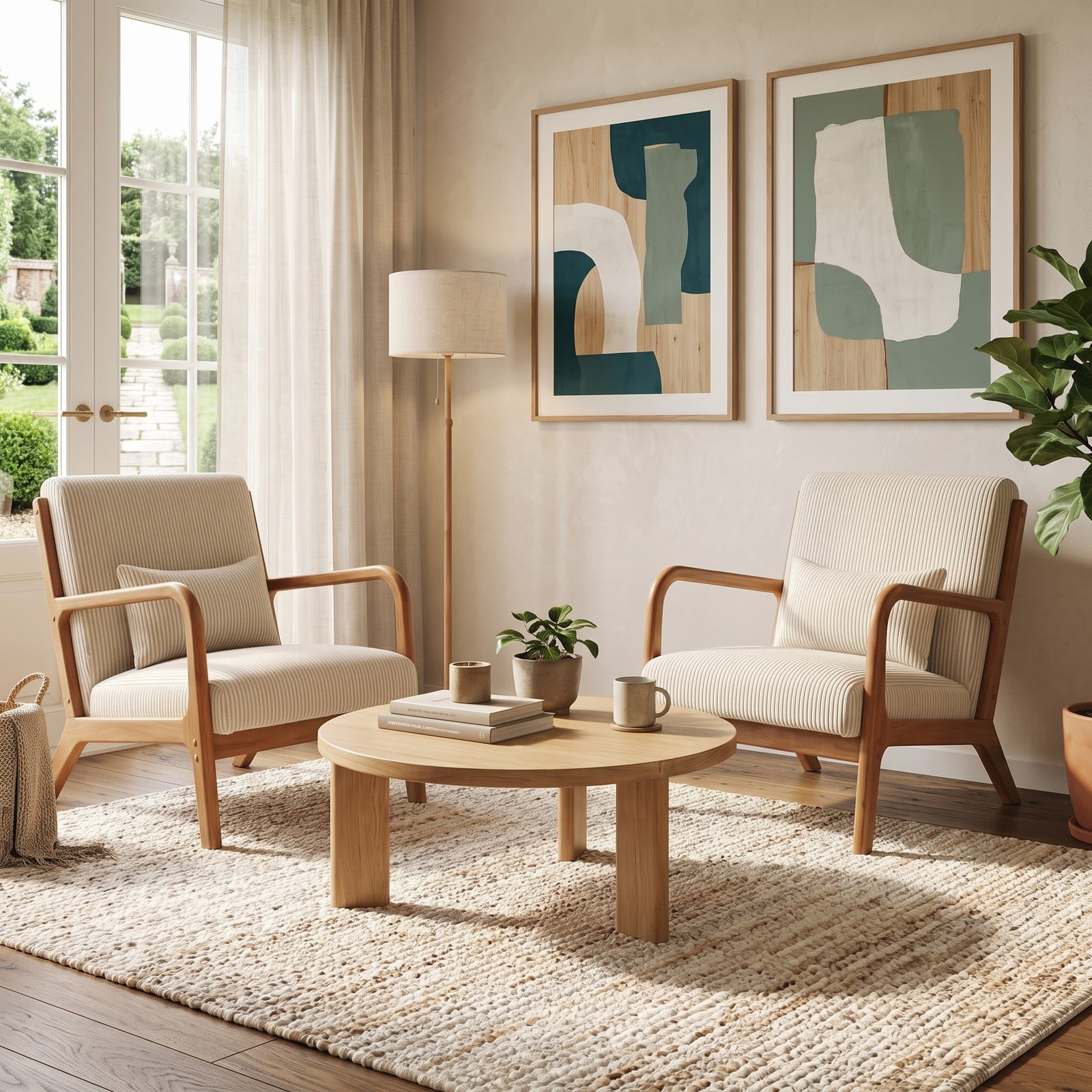 Furnibear Accent Chair, Corduroy Upholstered Lounge Chair with Lumbar Pillow, Ergonomic 105-Degree Backrest, Solid Wood Frame Armchair for Living Room Bedroom, Beige