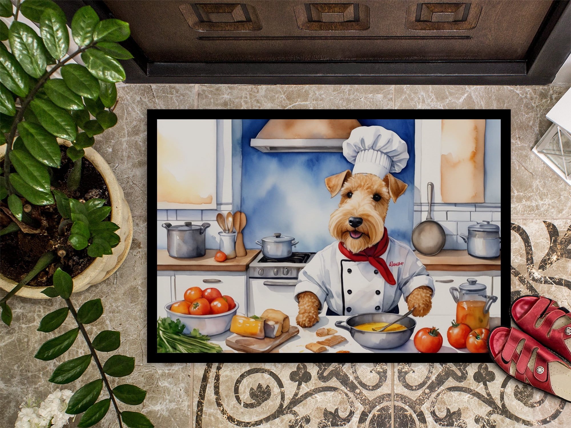 Caroline's Treasures DAC6281JMAT Lakeland Terrier The Chef Doormat Front Door Mat Indoor Outdoor Rugs for Entryway, Non Slip Washable Low Pile, 24H X 36W