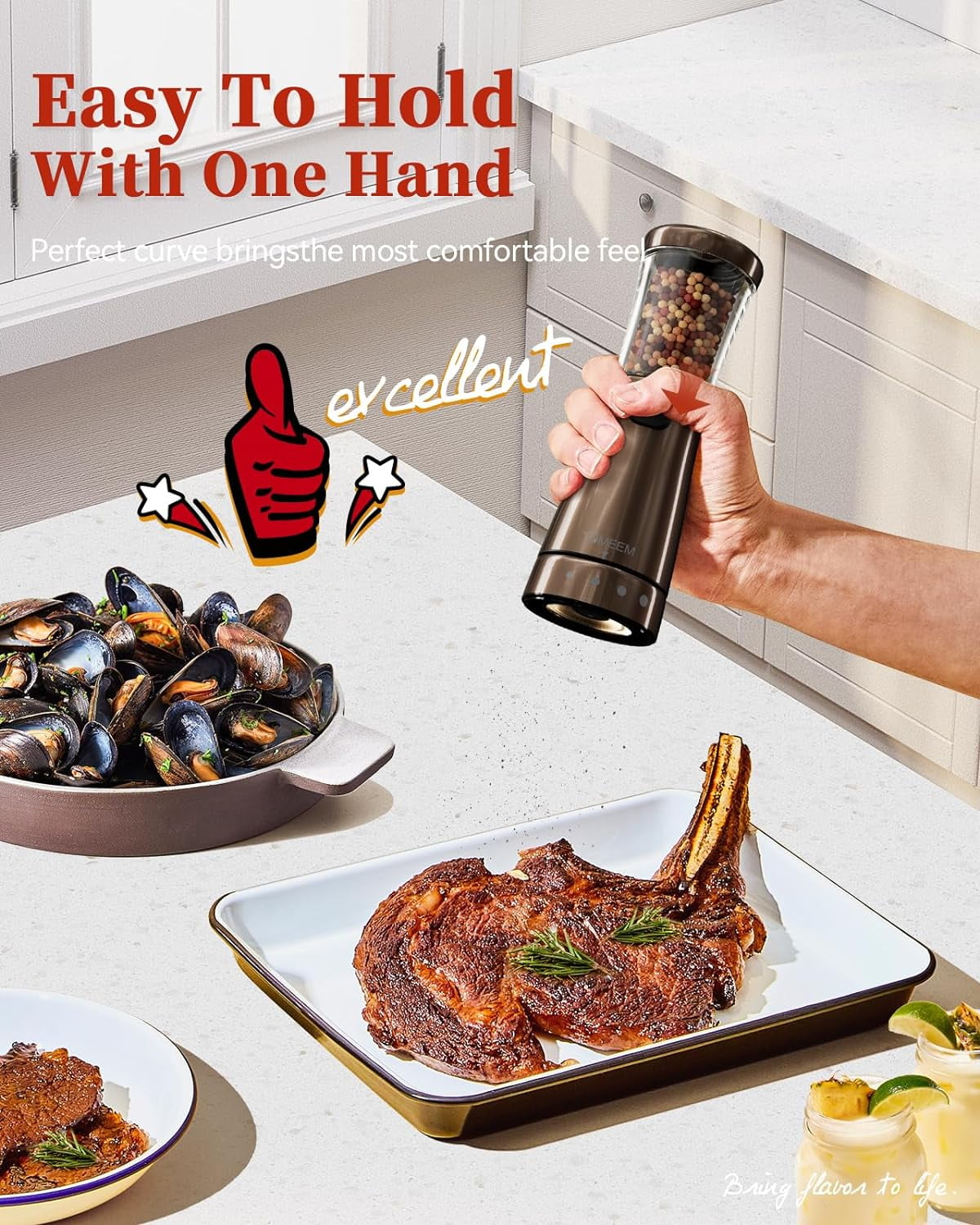 Tomeem Electric Pepper Grinder Sets Automatic Salt and Pepper Electric with 4.5oz Large Capacity Adjustable Coarseness Stainless Steel Bronze