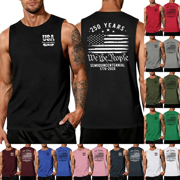 Men's Freedom Patriotic Tank Top with USA Flag Graphic and Sleeveless Design Featuring Double-Sided Print for Independence Day 2026 Memorial Day Gym Workouts Beach Days Army Green L