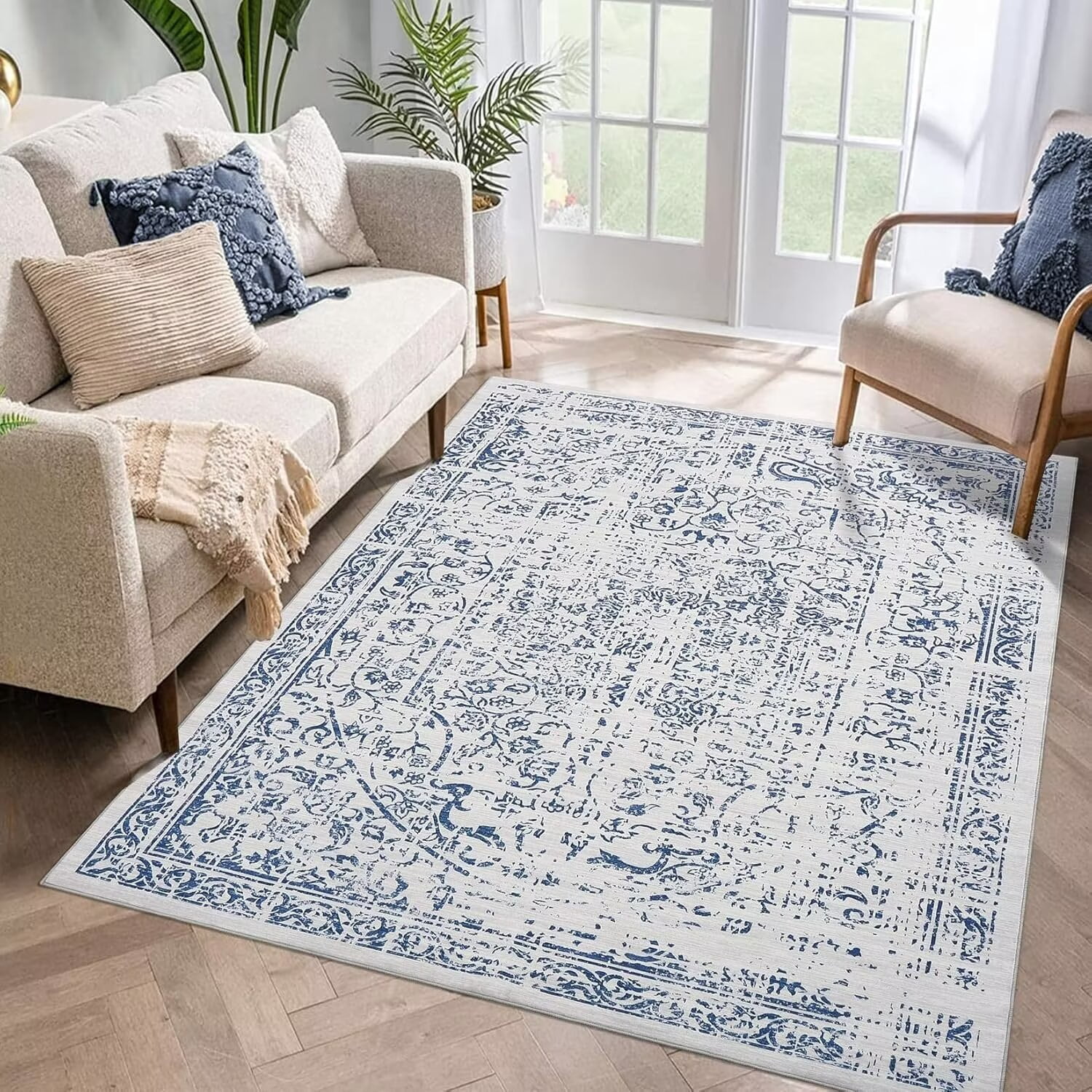 FairOnly 2'x6' Vintage Runner Rug Hallway Area Rugs for Kitchen Washable Non-Slip Blue Soft Rug for Bedroom