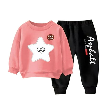 

Kids Little Boys Girls 2Pcs Fall Outfits Crewneck Long Sleeve Pullover Sweatshirt and Jogging Pants Set Fashion Star Prints Casual Tracksuit