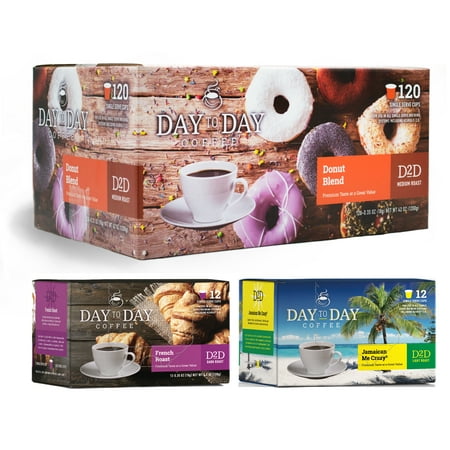 Day To Day Donut Blend 120 Count Single Serve Coffee Cups, Fits Keurig K Cup Brewers, Plus 12 Count French Roast and Jamaican Me Crazy Coffee Pods