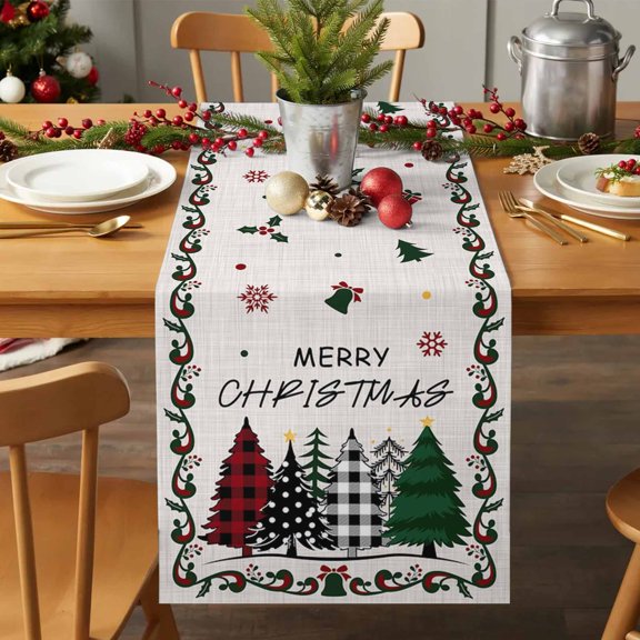 Table Runner 36 Inches Long - Merry Christmas Plaid Xmas Tree Decorative Table Scarf, Winter Snowflakes Vintage Linen Dining Table Runners for Wedding Party Kitchen Dining Tables