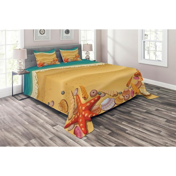 Ambesonne Beach Quilted Coverlet 3 Pcs, Seashell on Shore Cartoon, King Size, Sand Brown Orange Teal