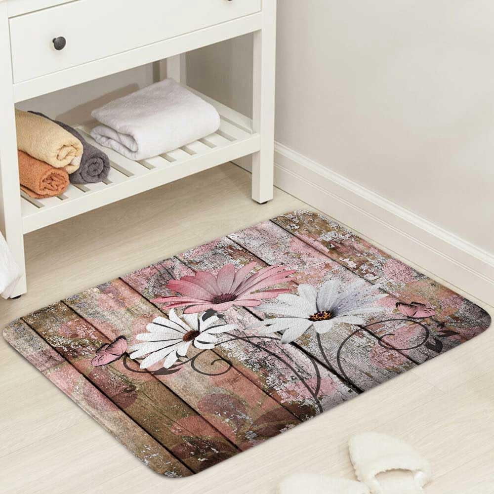 Farmhouse Floral Flower Bath Mat, Daisy Rustic Wooden Plank Country Barn Wood Pink Flower Non-Slip Flannel Soft Doormat Floor Entryways Outdoor Indoor Front Door Mat, (17X29)