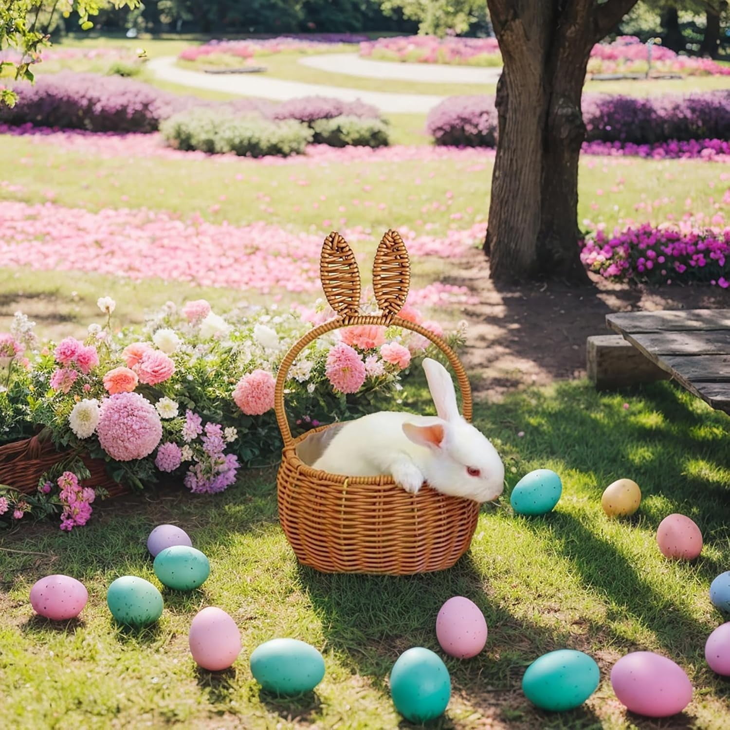 Kids Bunny Wicker Baskets:Wicker Easter Basket with Handle, Easter Basket, Creative Rabbit Ear Shape Picnic Basket, for Candy Egg Bread Flowers Toy Storage, Woven basket (B)