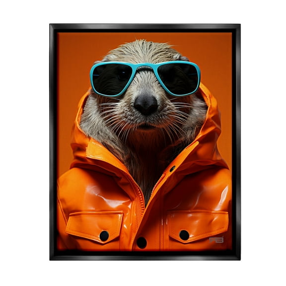 Stupell Industries Trendy Otter with Glasses Animals & Insects Painting Black Floater Framed Canvas Art Print Wall Art, 17 x 21
