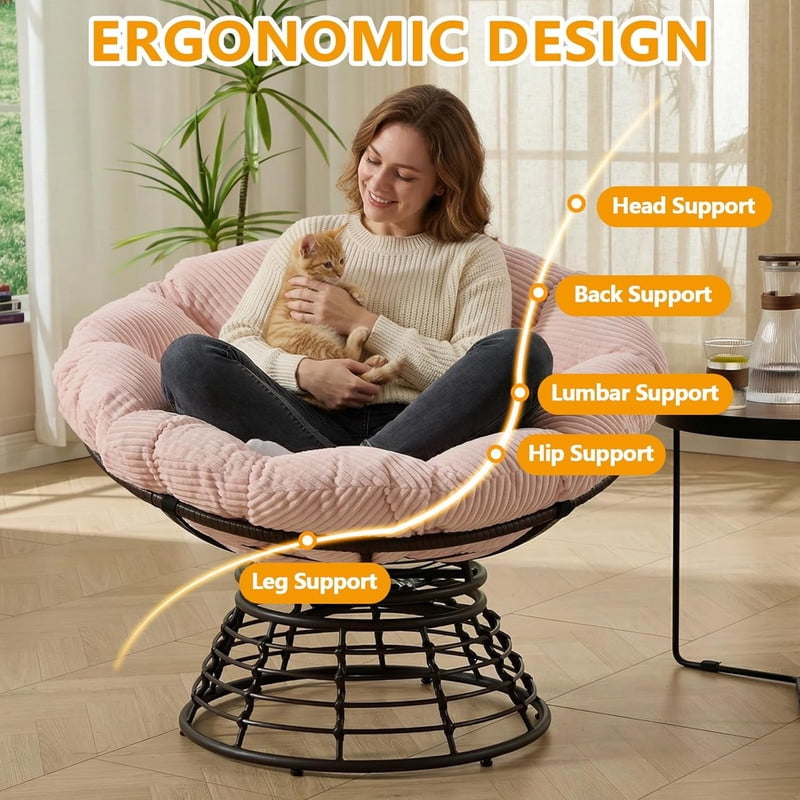Ergonomic Wicker Papasan Chair, 360° Swivel Chair with Soft Thick Cushion for Living Room, Bedroom, Reading Room