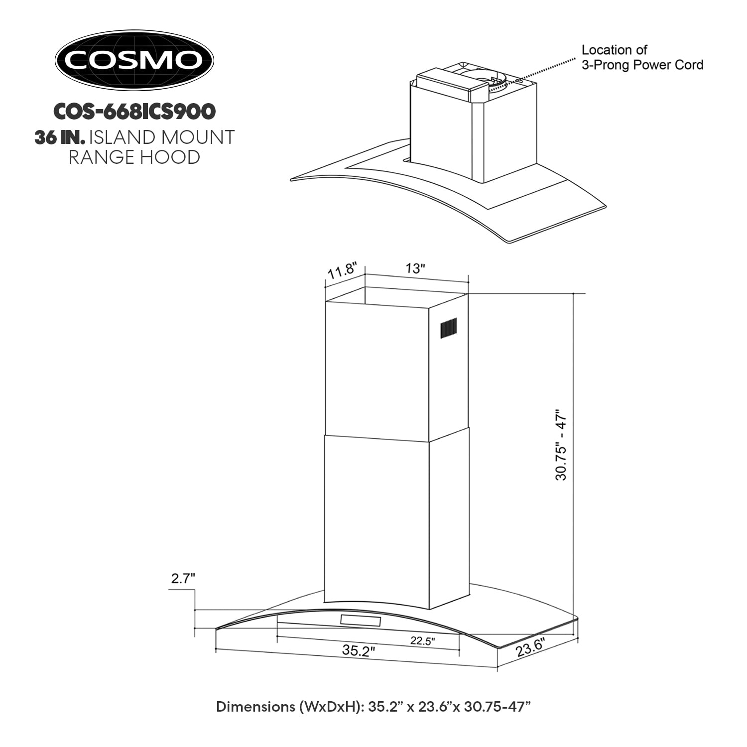 Cosmo 36 in. Ductless Island Range Hood in Stainless Steel with LED Lighting and Carbon Filter Kit for Recirculating