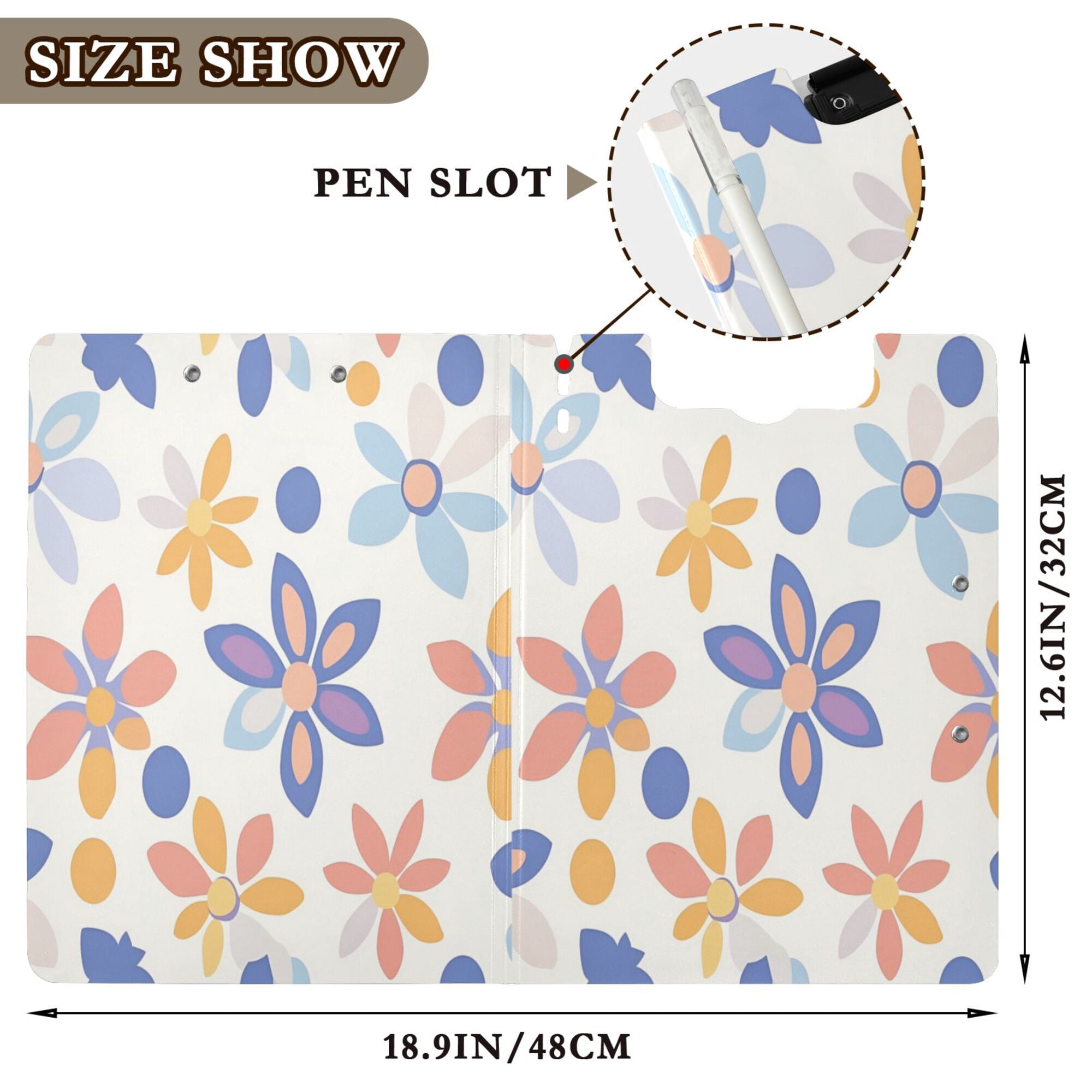 FORMRS A4 Clipboard Folder with Pen Holder Horizontal Foldable School Office Binder, Blue Retro Flower