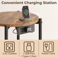 thumbnail image 3 of LIKIMIO Small Round Side Table with Charging Station, 2-Tier End Table with Lower Shelf, 15.8" W Modern Wooden Nightstand for Small Spaces, Living Room, Bedroom, Rustic Brown, 3 of 17