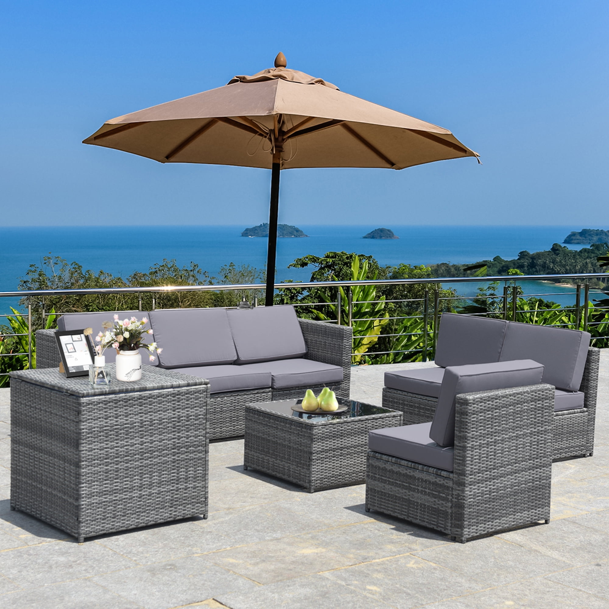 Gymax Set of 8 Gray Rattan Wicker Sofa & Table Outdoor Cushioned Sectional Patio Furniture