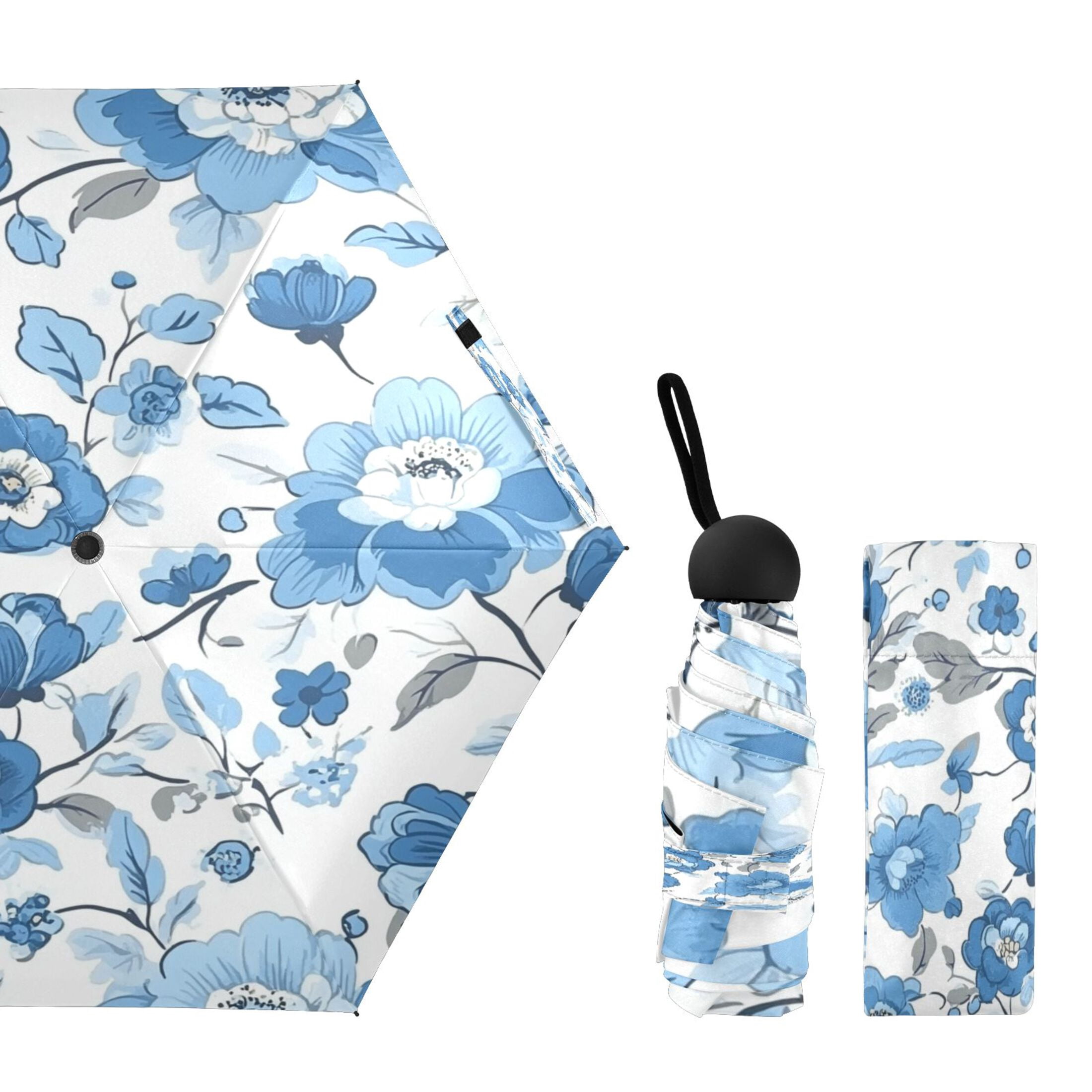 Blue Floral Pattern Umbrellas for Sun Auto Open Close UV50+ Waterproof 5-Fold Compact Fiberglass Frame