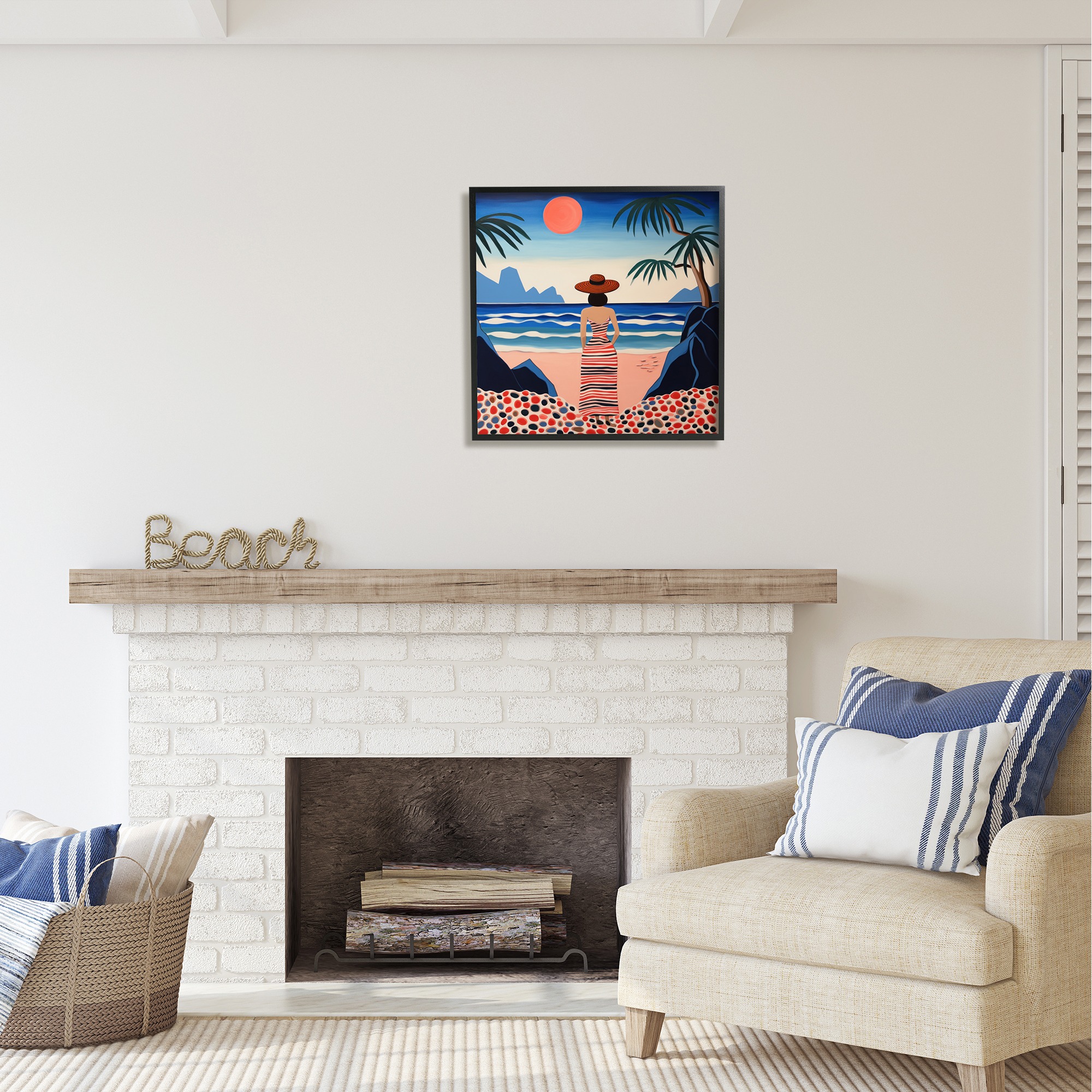 Stupell Industries Patterned Woman on Beach Landscape Painting Black Framed Art Print Wall Art, 24 x 24