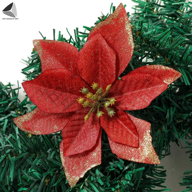 Sixtyshades 24 Pcs Poinsettia Artificial Christmas Flowers Decorations Glitter Xmas Tree Flower Ornaments (Red), Size: 6.3