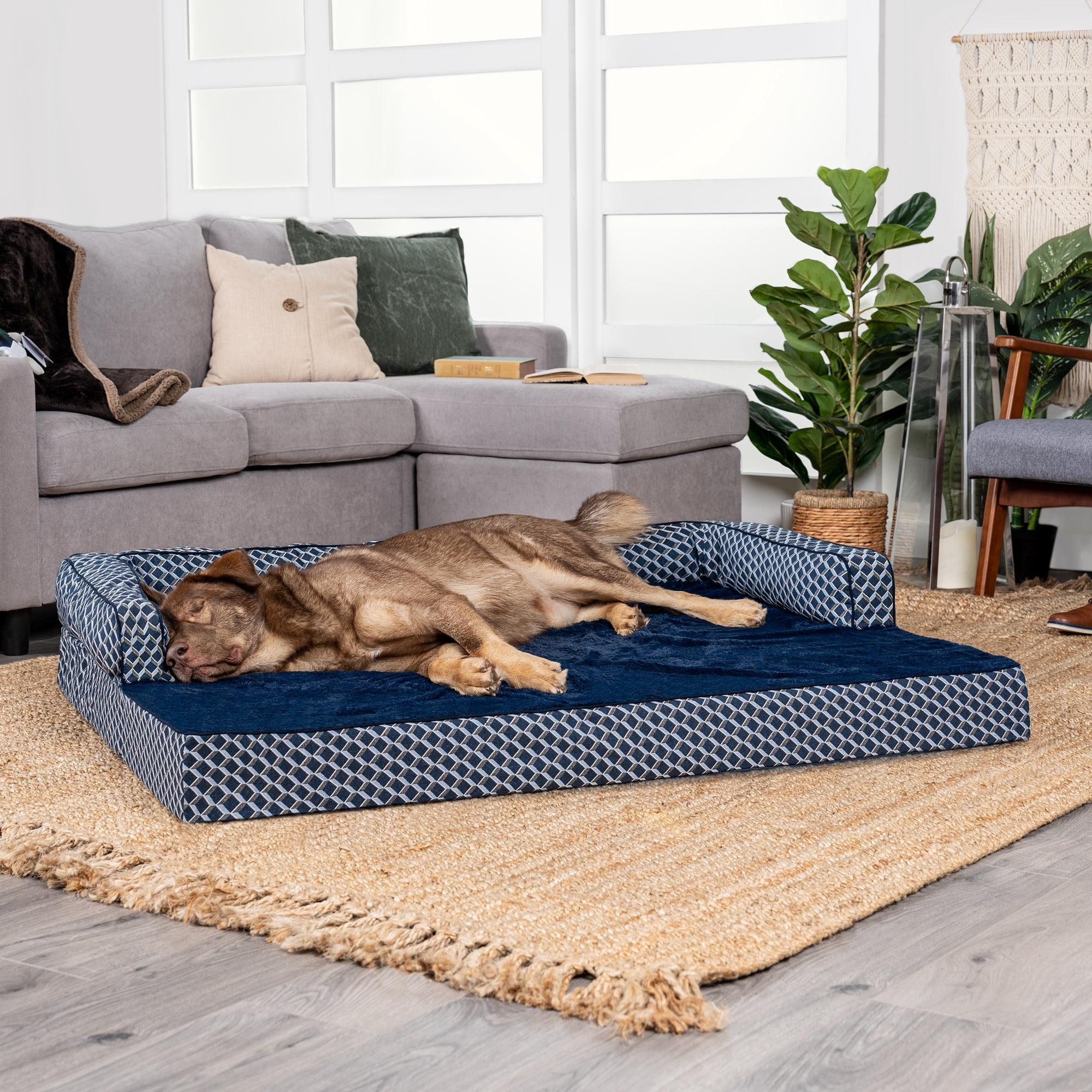 FurHaven Pet Products Plush & Decor Orthopedic Comfy Couch Pet Bed for Dogs & Cats - Diamond Blue, Jumbo Plus