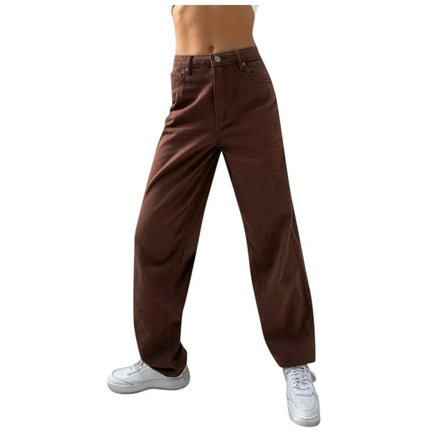 Gibobby tallas grandes en pantalones para mujer, informales, de pierna ancha, sueltos, de cintura alta, estampados (Khaki, S)