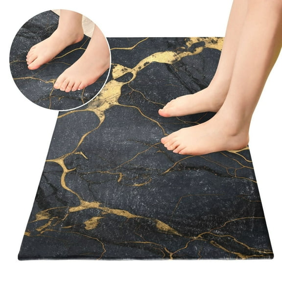 Luxury Bathroom Rug 39"x20" Non Slip Bedroom Mat Plush Shaggy Absorbent Bath Rugs Washable Carpet for Kitchen Shower and Tub Black and Golden Marble