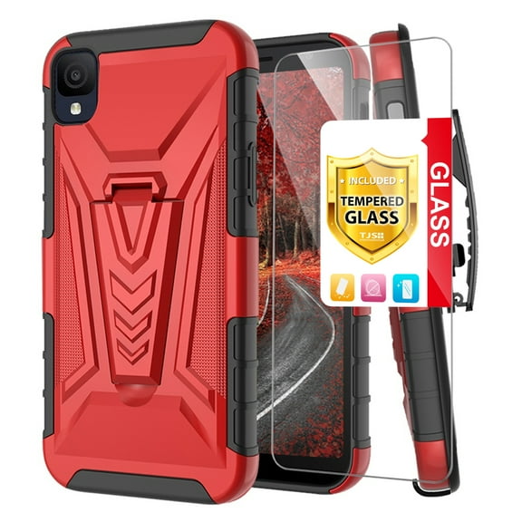 TJS for TCL Ion Z / TCL A3 A509DL / TCL A30 Phone Case, with Tempered Glass Screen Protector, 3 in 1 Combo Belt Clip Holster Impact Resist Rugged Kickstand Phone Cover (Red)