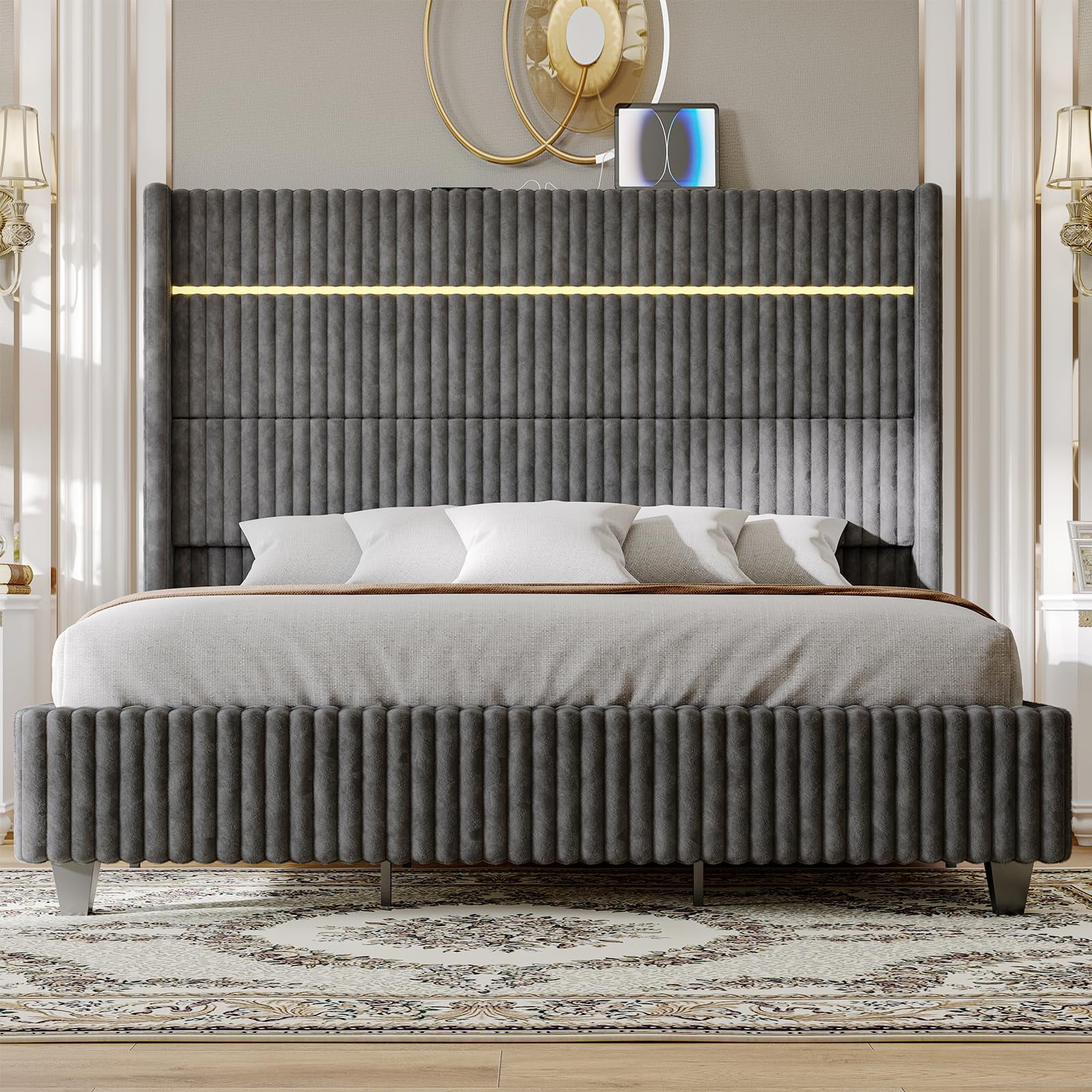 Merluxy 60" Tall California King Bed Frame with LED Lights, Faux-Fur Upholstered Platform with Wingback Headboard & Charging Station, Grey