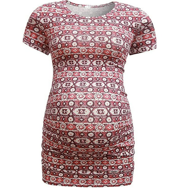 Puntoco Maternity Stripe Lattice Print O-cuello de manga corta Casual camiseta Embarazada tops Puntoco Puntoco-759