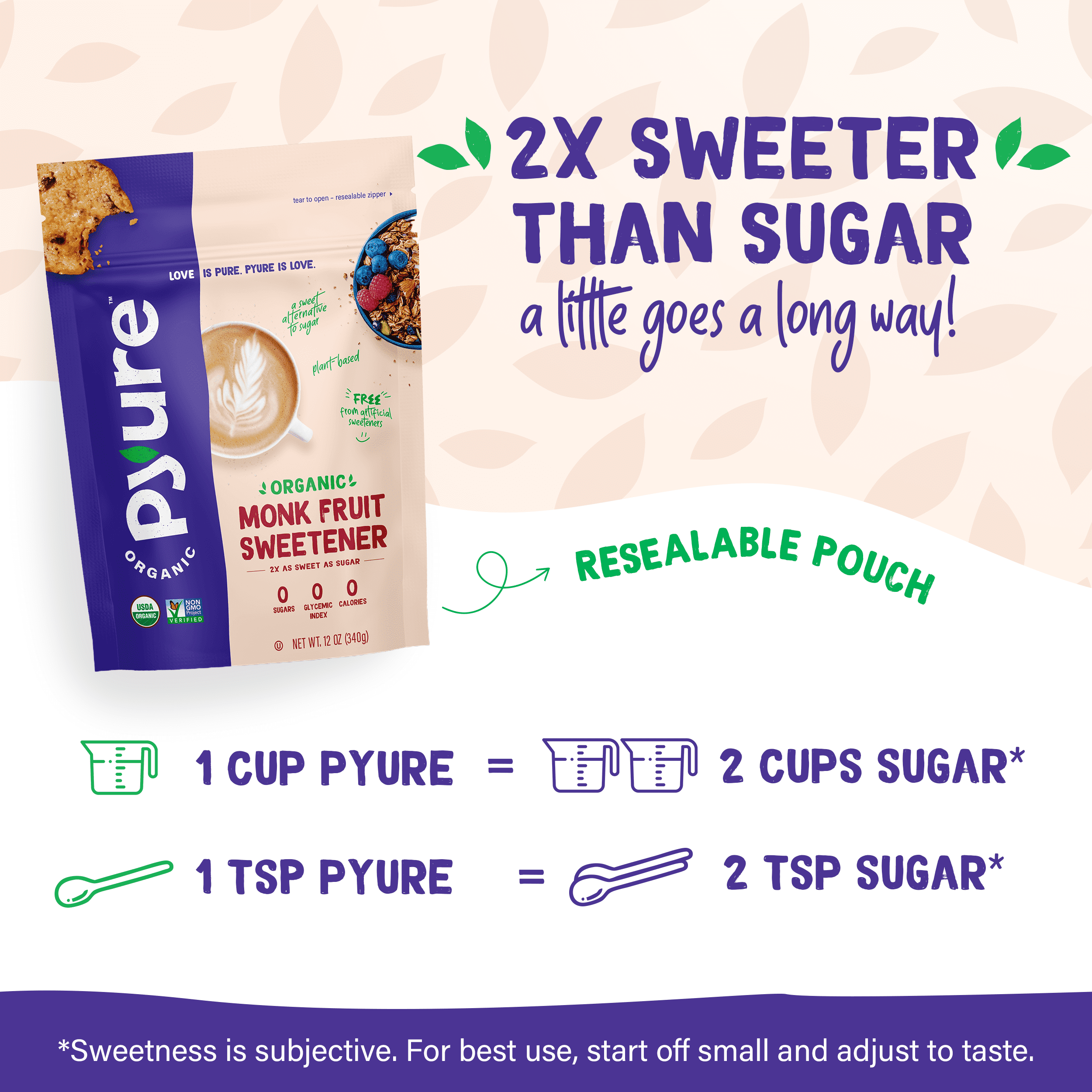 Pyure Organic Monk Fruit Sweetener | White Sugar Substitute for Baking, Coffee & Tea | Zero Carb, Zero Calorie, Keto, Plant-Based, Non-GMO, Gluten-Free, USDA Organic | 12 oz Granulated Blend
