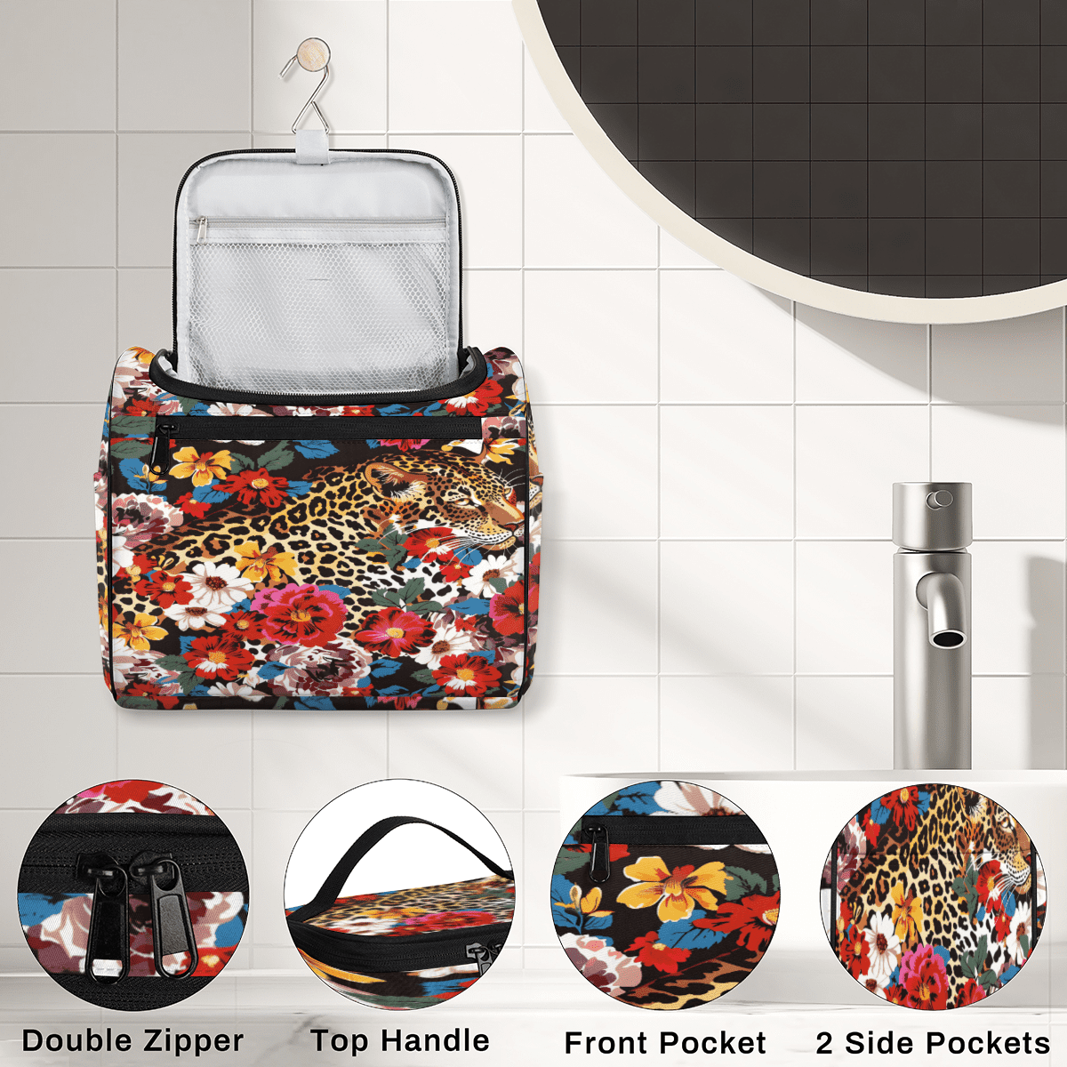 Herdesigns Leopard Cheetah Flower Toiletry Bag for Women, Travel Makeup Bag, Waterproof Hanging Cosmetic Organizer for Toiletries & Makeup Essentials