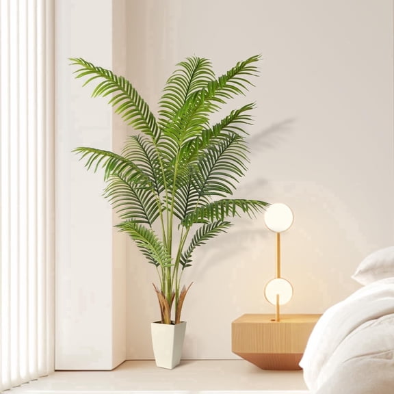Lolsea 5ft Artificial Palm Tree, Pre Potted Faux Greenry Tree for Home Decor Indoor Outdoor, Tall Silk Fake Plant with Natural Trunk and Lifelike Leaves