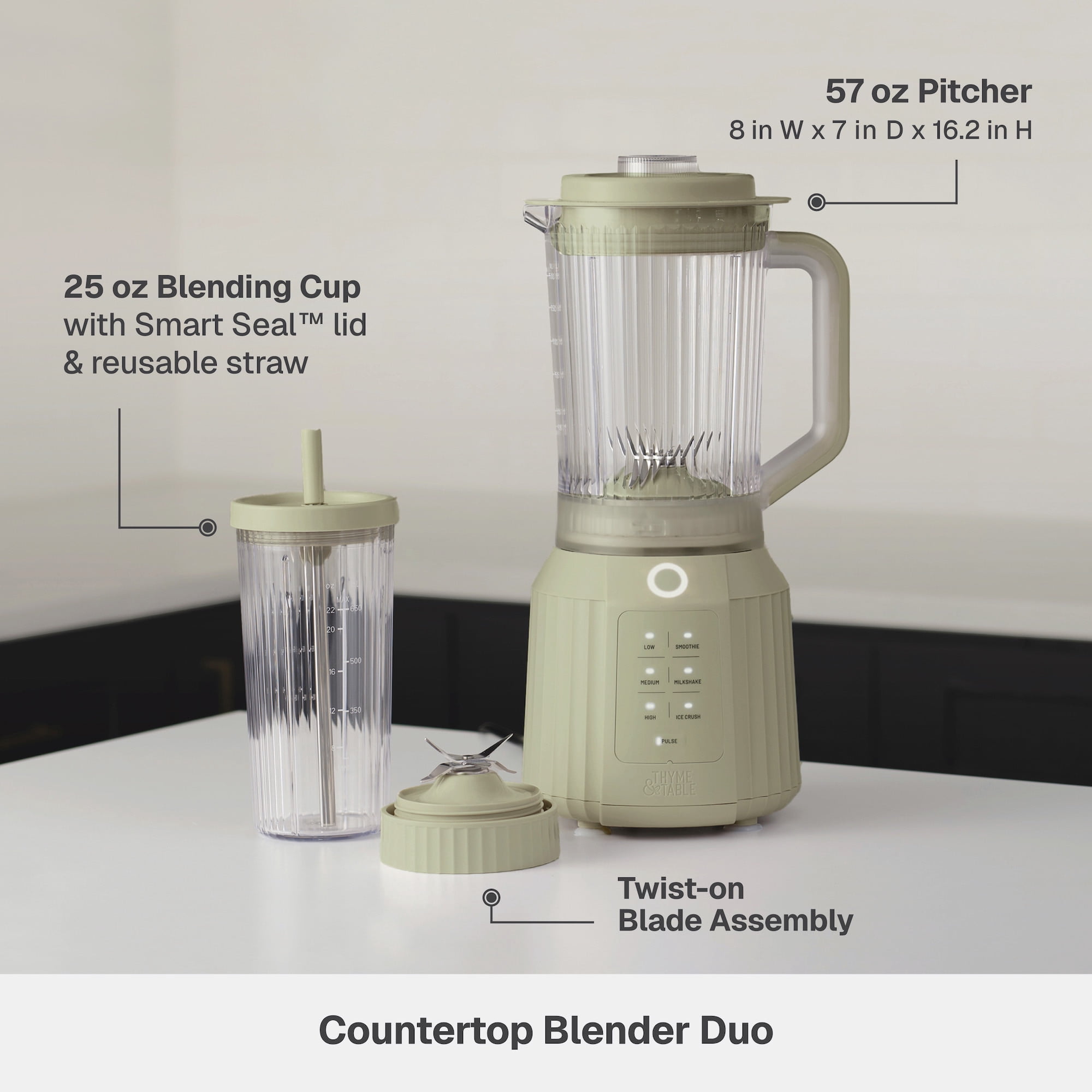 Thyme & Table Countertop Blender Duo, 1100W, 57oz Tritan Pitcher, 6-Point Stainless Steel Blade, 25oz To-Go Cup with Smart Seal™ Lid and Straw, Eucalyptus Green