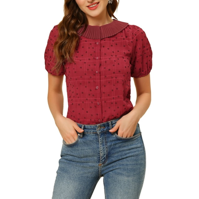 INSPIRE CHIC Women's Floral Puff Sleeves Pleated Collar Button Down Shirt XL Burgundy