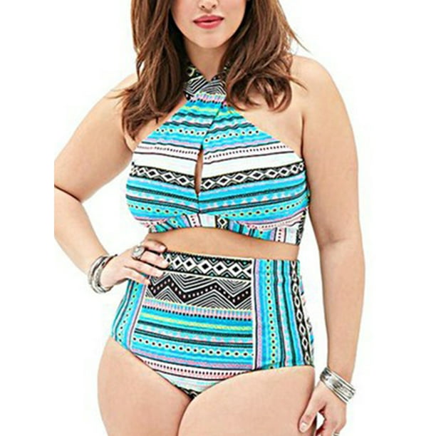 Women Plus High Waist Bandage Padded Beachwear Bikini Set - Walmart.com