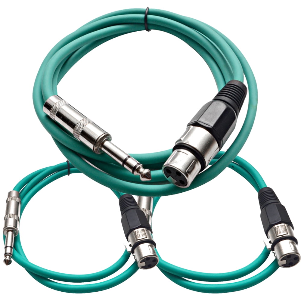 Seismic Audio 3 Pk of Green XLR Female to 1/4" TRS Patch Cables One 6
