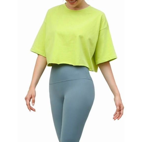 Short Sleeve Loose Crop Top Women Crew Neck Crop Shirt Drop Shoulder Casual Boxy Yoga Running Cropped Baic Tee Green XL