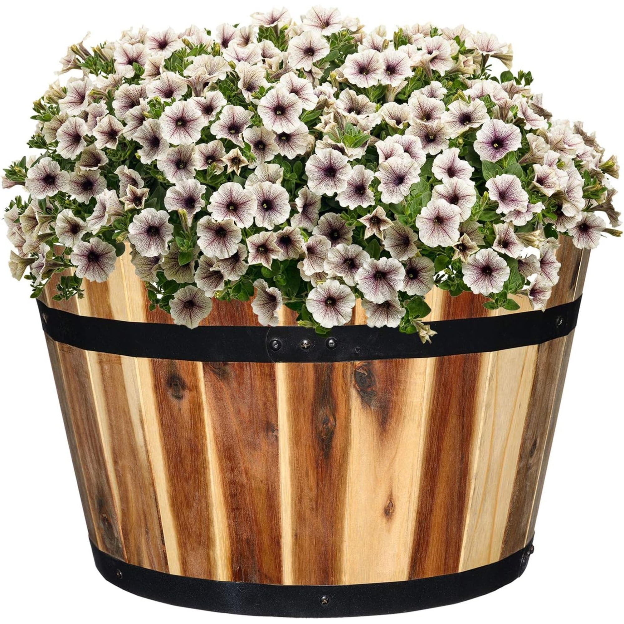 Classic Home and Garden Acacia Wood Whiskey Barrel Planter with Black Metal Band, 15.75in D x 9.5in H