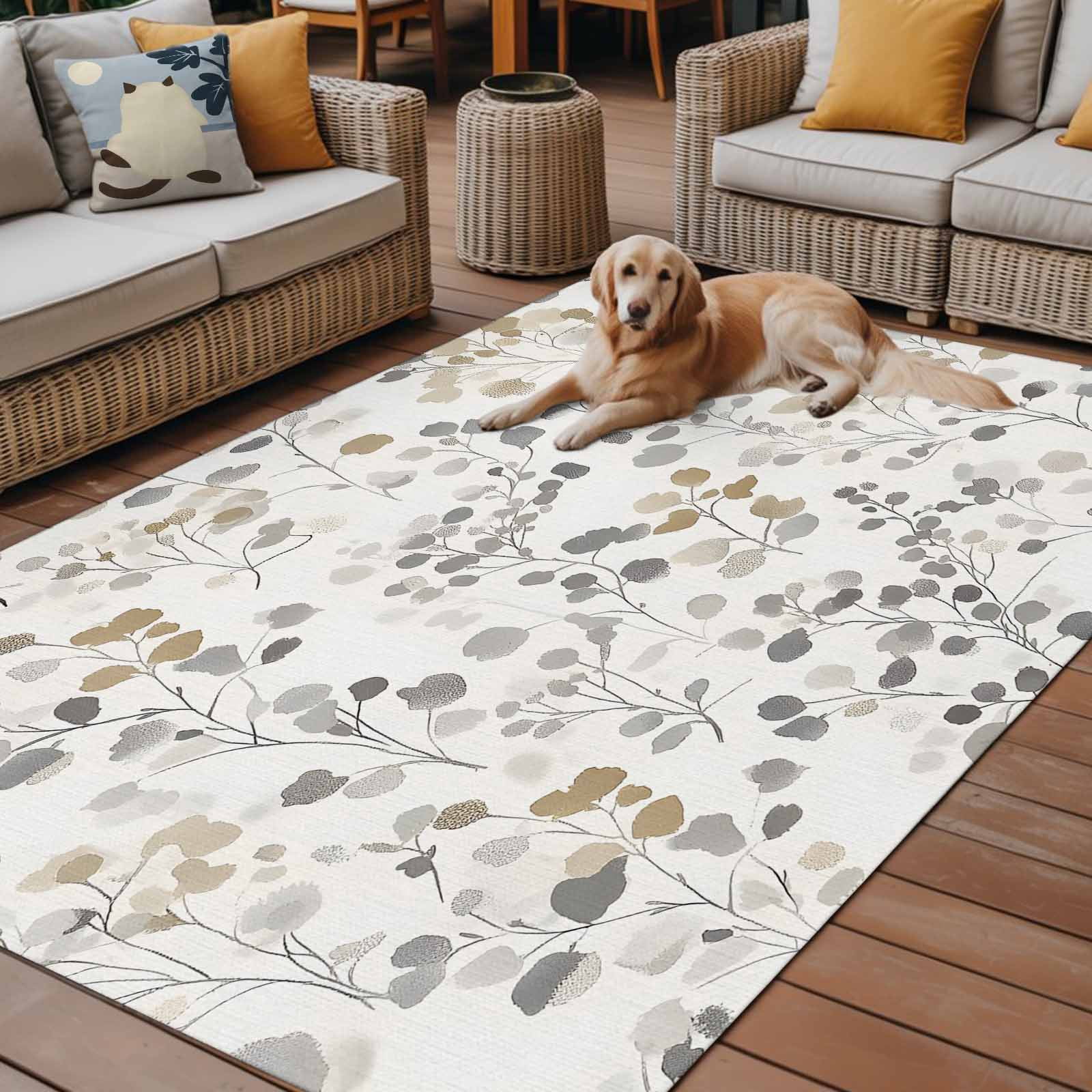 Outdoor Rug 5x8ft Ombre Gray Floral Large Area Rug Watercolor Leaves Plant Indoor Outdoor Carpet Outdoor Rugs Mats for Patio Camping,RV,Front Door, Outside Decor