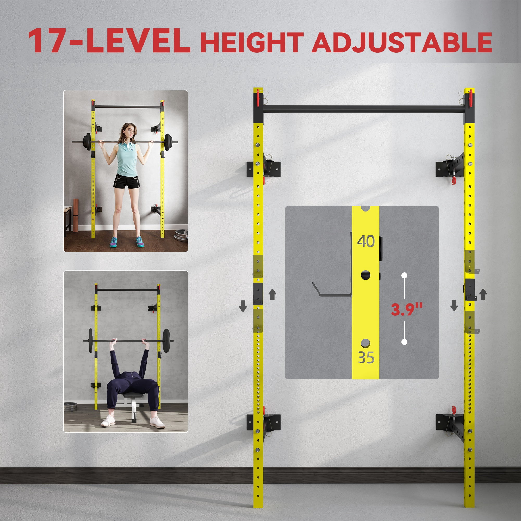 Soozier Folding Squat Rack with Pull Up Bar, Wall Mounted, 1000 Pounds Capacity Power Rack, Yellow