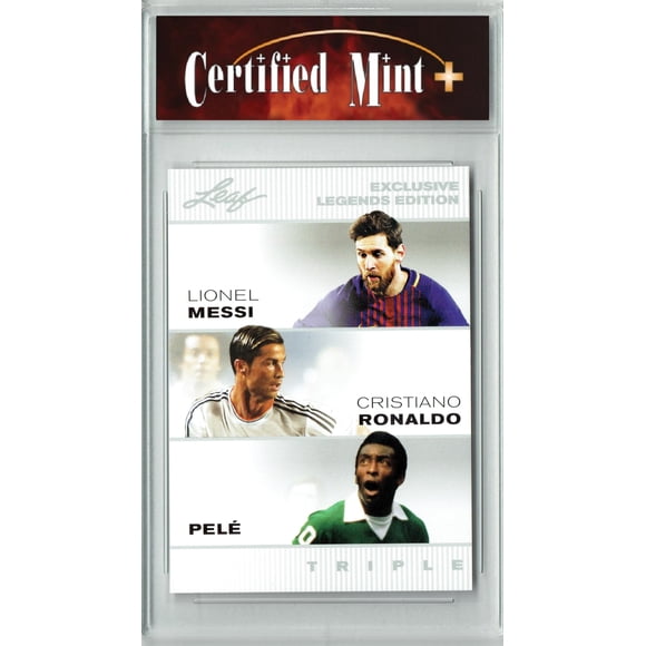 Tarjeta coleccionable Leaf Triple Messi Pelé Ronaldo 2022