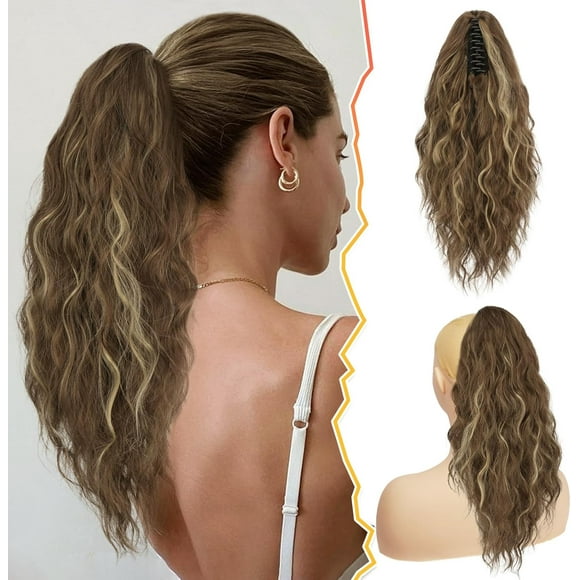shiyou-Highlight Ponytail Extension - 18 Inch Claw Clip Ponytail Extensions for Women, Curly Wavy Multi Layered Synthetic Clip in Pony Tail Hairpieces - Medium Brown with Highlights
